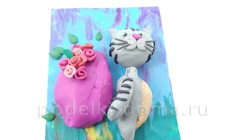 Аппликация из пластилина «Котик с букетом» Аппликация из пластилина «Котик с букетом»